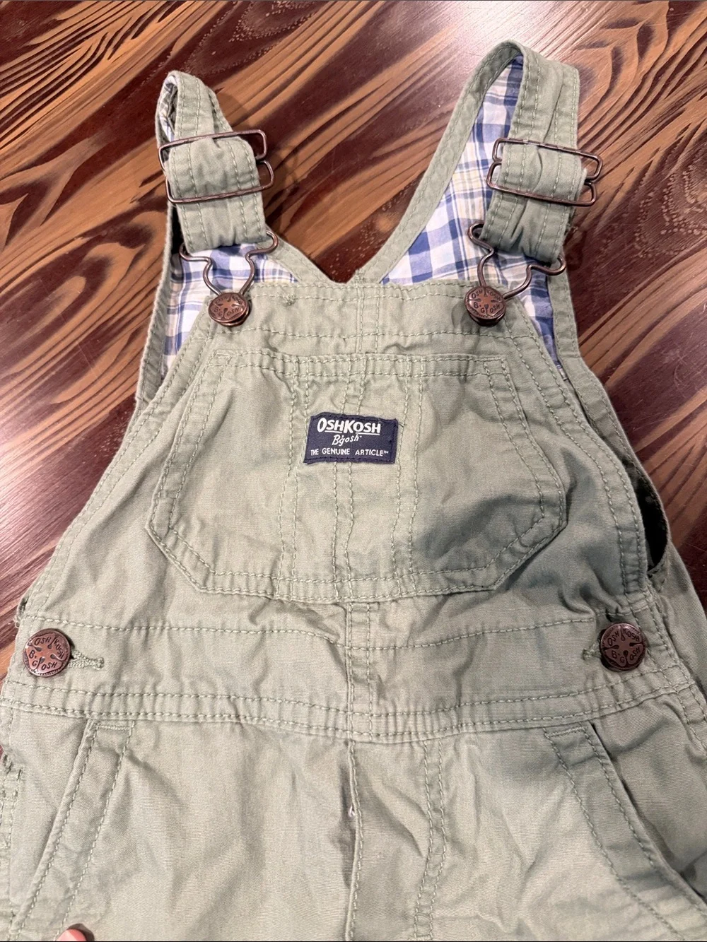 OshKosh B'gosh Olive Green Kids Overalls with Plaid Lining
